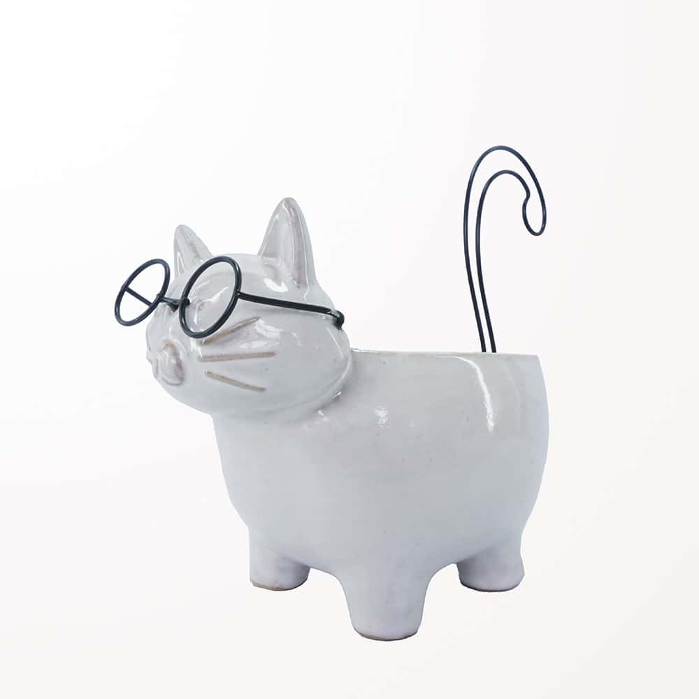 Chat pot à plante blanc