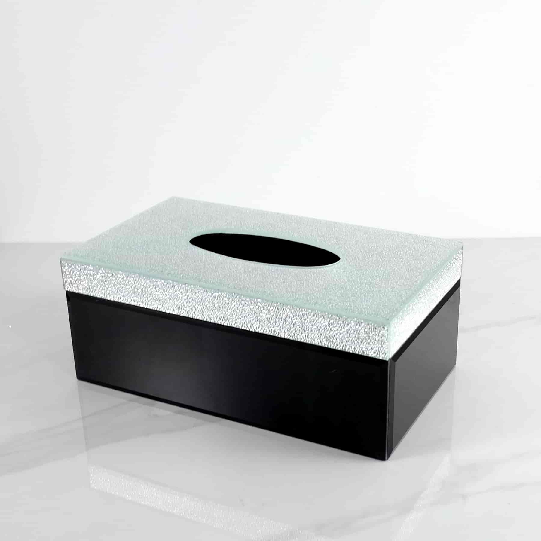 Boite à mouchoirs en verre noir et argent
