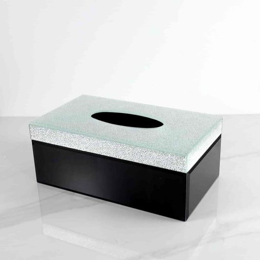 Boite à mouchoirs en verre noir et argent