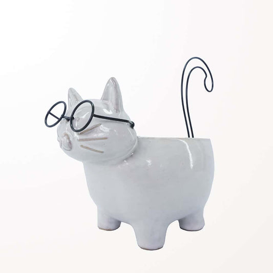 Chat pot à plante blanc